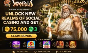 Sweepolis Casino 2026 featured image with Zeus-themed artwork and 75,000 GC + 3 SC welcome bonus.