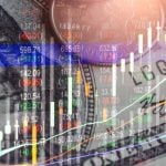 American Banknote and Coin Background to Colorful Candlestick Trading Graphs