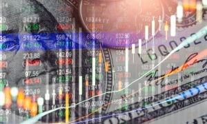 American Banknote and Coin Background to Colorful Candlestick Trading Graphs