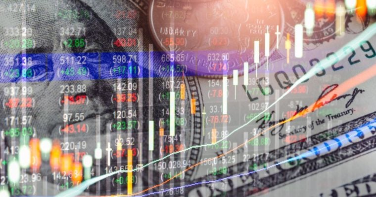 American Banknote and Coin Background to Colorful Candlestick Trading Graphs