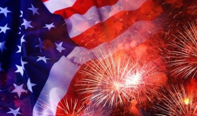 Bursting Fireworks Overlay Image of American Flag in Fourth of July Concept