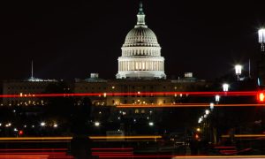 Long Exposure of Street Lights In Front Of US Capitol Building at Night