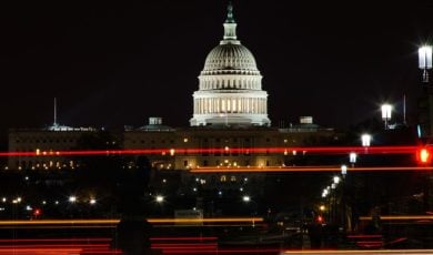 Long Exposure of Street Lights In Front Of US Capitol Building at Night