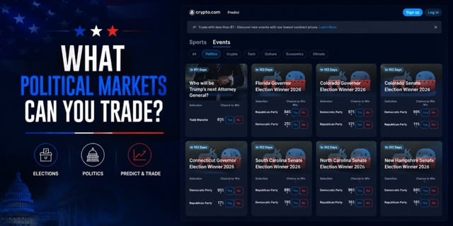 What political markets can you trade? Graphic featuring political prediction markets and election contracts.