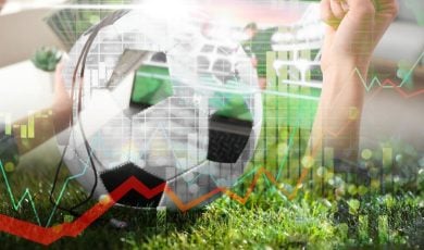 Woman Watches Soccer Match While Holding Ball with Digital Image Overlay of Red Line Graph