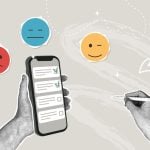 Collage Image of Person Holding Survey on Cell Phone with Different Colored Emoji Faces Around
