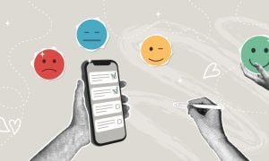 Collage Image of Person Holding Survey on Cell Phone with Different Colored Emoji Faces Around
