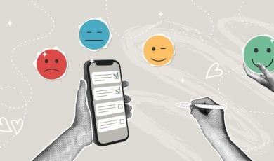 Collage Image of Person Holding Survey on Cell Phone with Different Colored Emoji Faces Around