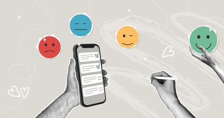 Collage Image of Person Holding Survey on Cell Phone with Different Colored Emoji Faces Around