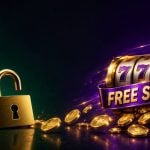 Gold casino chips with open padlock beside a spinning slot reel and free spins ribbon for no deposit bonuses and free spins