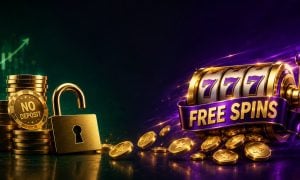 Gold casino chips with open padlock beside a spinning slot reel and free spins ribbon for no deposit bonuses and free spins
