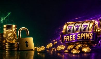 Gold casino chips with open padlock beside a spinning slot reel and free spins ribbon for no deposit bonuses and free spins