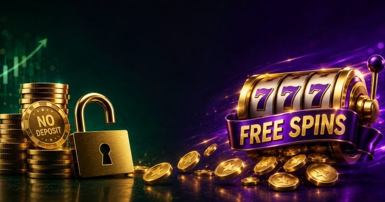 Gold casino chips with open padlock beside a spinning slot reel and free spins ribbon for no deposit bonuses and free spins