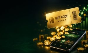 Gold casino bonus code voucher and coins above a phone lobby representing no deposit casino bonus codes for real money