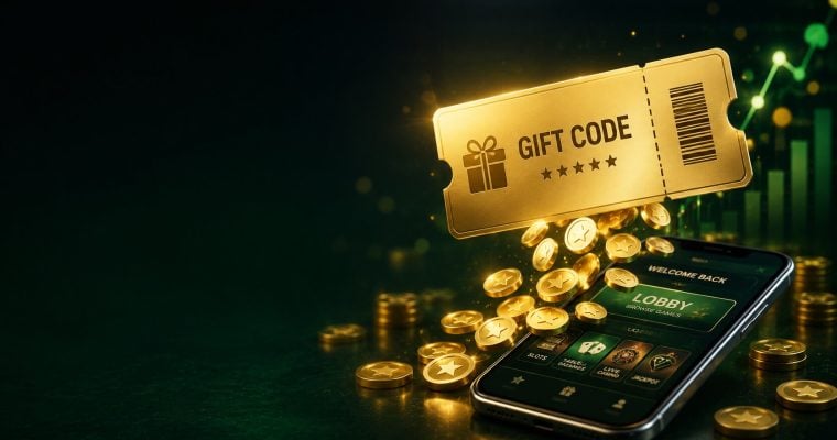 Gold casino bonus code voucher and coins above a phone lobby representing no deposit casino bonus codes for real money