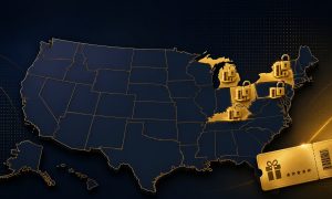 US map with gold-highlighted states and coins showing state-by-state no deposit casino bonus codes in the US