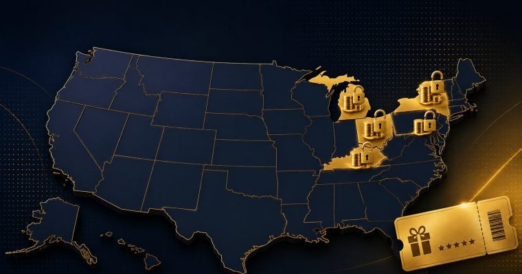 US map with gold-highlighted states and coins showing state-by-state no deposit casino bonus codes in the US