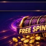 Gold slot reel mid-spin with free spins ribbon and coins showing no deposit free spins that win real money