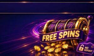 Gold slot reel mid-spin with free spins ribbon and coins showing no deposit free spins that win real money