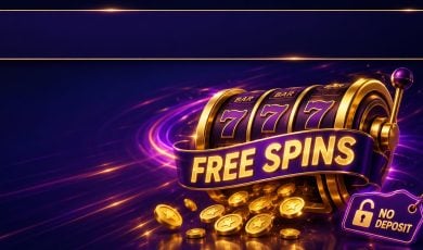 Gold slot reel mid-spin with free spins ribbon and coins showing no deposit free spins that win real money