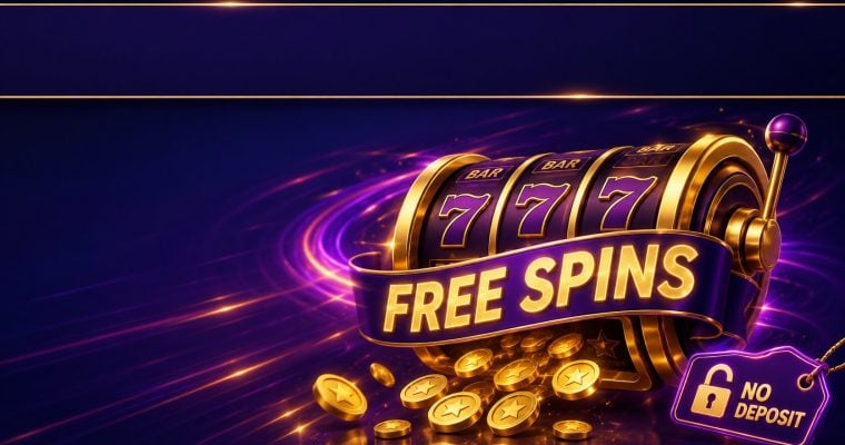 Gold slot reel mid-spin with free spins ribbon and coins showing no deposit free spins that win real money