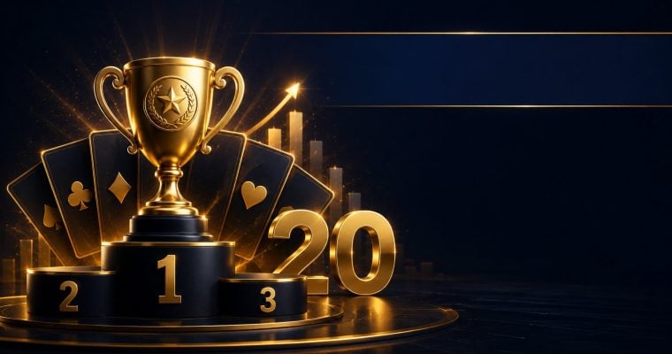 Gold trophy and podium with a large number 20 ranking the top 20 online casinos in the USA for real money