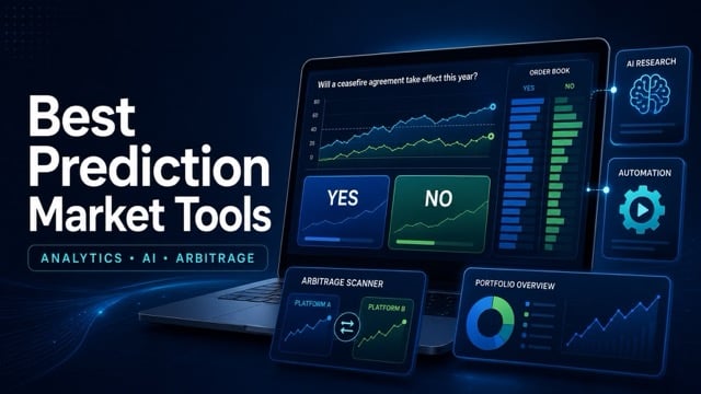 Prediction market tools dashboard featuring analytics, AI research, arbitrage scanning and automation.