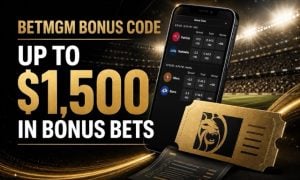 BetMGM bonus code offer for up to $1,500 in bonus bets, shown with NFL betting odds on the BetMGM sportsbook app.