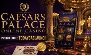 Caesars Palace Online Casino promo code TODAYCASLAUNCH with mobile casino and Roman-inspired imagery.