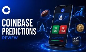 Coinbase Predictions review graphic with Yes and No event-contract prices.