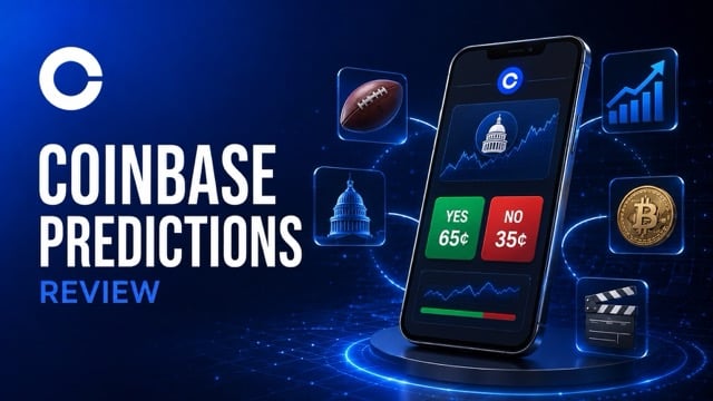 Coinbase Predictions review graphic with Yes and No event-contract prices.