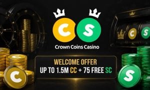 Crown Coins Casino welcome offer with up to 1.5M CC and 75 Free SC.