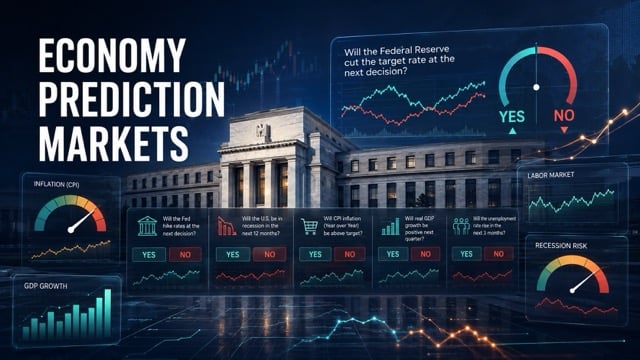 Economy prediction markets dashboard covering Fed rates, inflation, recession risk, GDP growth, and jobs.