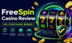 FreeSpin Casino Review graphic featuring slot reels, virtual coins and a no-purchase bonus.