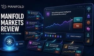 Manifold Markets dashboard showing play-money Yes/No forecasts, Mana, and user-created markets.