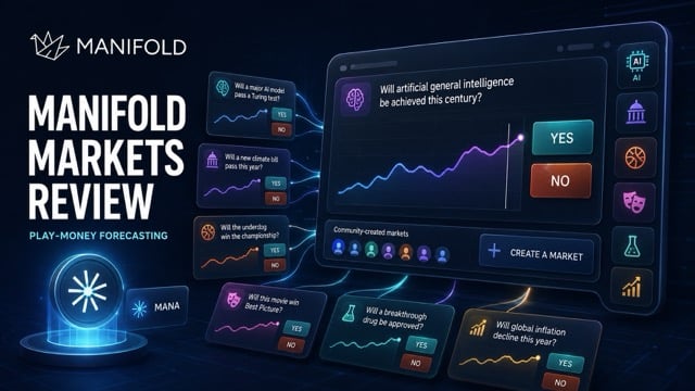 Manifold Markets dashboard showing play-money Yes/No forecasts, Mana, and user-created markets.