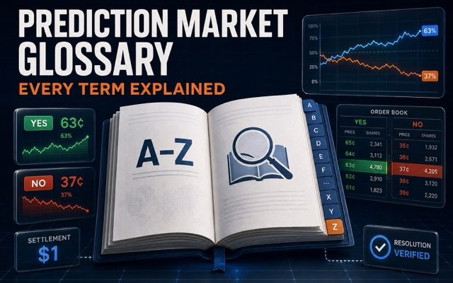 Prediction market glossary with A–Z guide, contracts, charts, and order book.