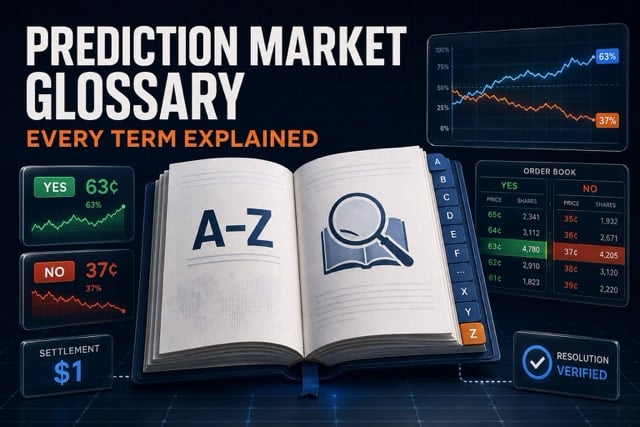 Prediction market glossary with A–Z guide, contracts, charts, and order book.