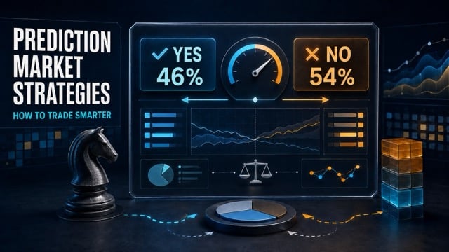 Prediction Market Strategies graphic showing Yes at 46%, No at 54%, and a trading gauge.