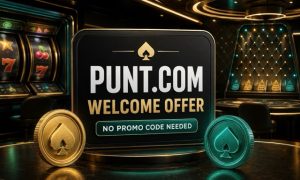 Punt.com welcome offer graphic stating no promo code is needed, with gold and teal sweepstakes coins.