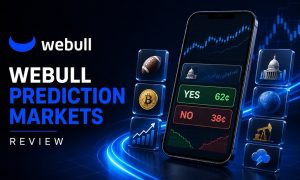 Webull Prediction Markets review graphic with Yes and No contract prices.