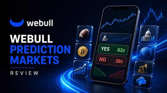 Webull Prediction Markets review graphic with Yes and No contract prices.