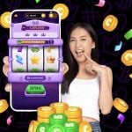 Gold crown with purple sweeps coins streaming upward and calendar, checklist and envelope icons for Crown Coins free SC