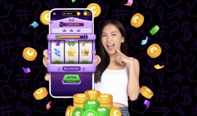 Gold crown with purple sweeps coins streaming upward and calendar, checklist and envelope icons for Crown Coins free SC
