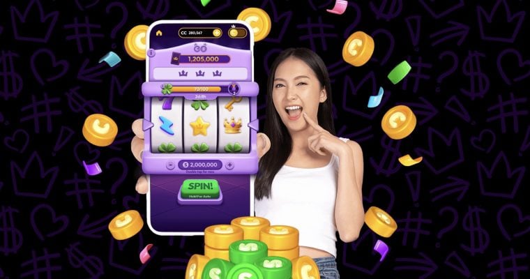 Gold crown with purple sweeps coins streaming upward and calendar, checklist and envelope icons for Crown Coins free SC
