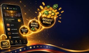 Gold crown with purple sweeps coins streaming upward and calendar, checklist and envelope icons for Crown Coins free SC