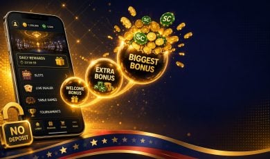Gold crown with purple sweeps coins streaming upward and calendar, checklist and envelope icons for Crown Coins free SC