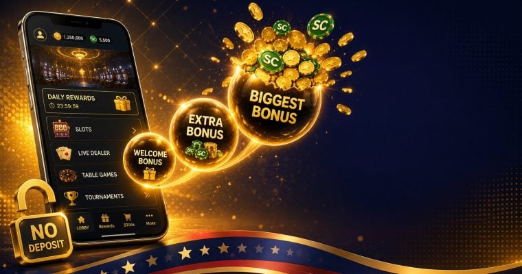 Gold crown with purple sweeps coins streaming upward and calendar, checklist and envelope icons for Crown Coins free SC