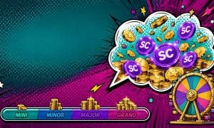 Comic style burst of gold and sweeps coins with bonus wheel and jackpot meter for Hello Millions existing player bonuses