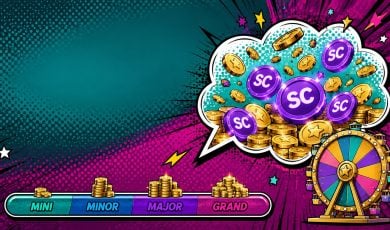 Comic style burst of gold and sweeps coins with bonus wheel and jackpot meter for Hello Millions existing player bonuses